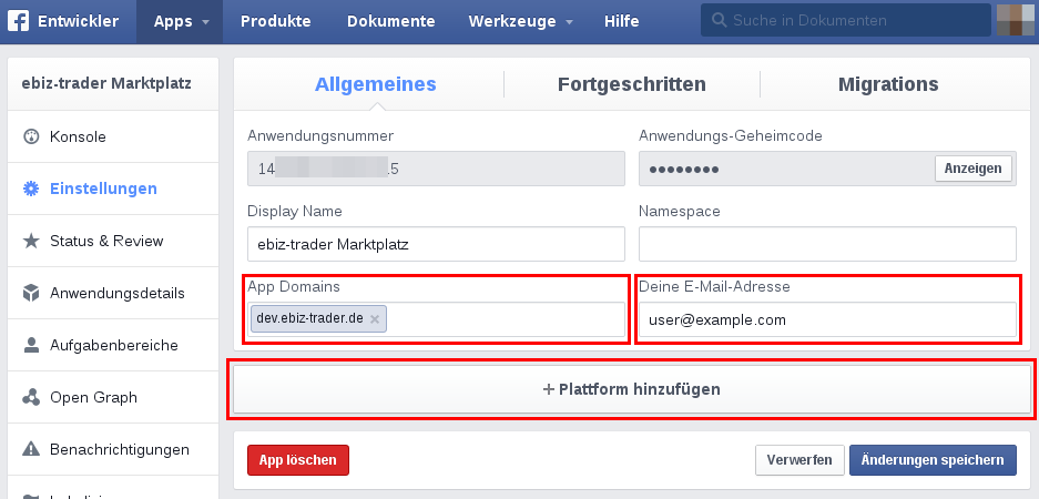 Die App bei Facebook hinzufügen