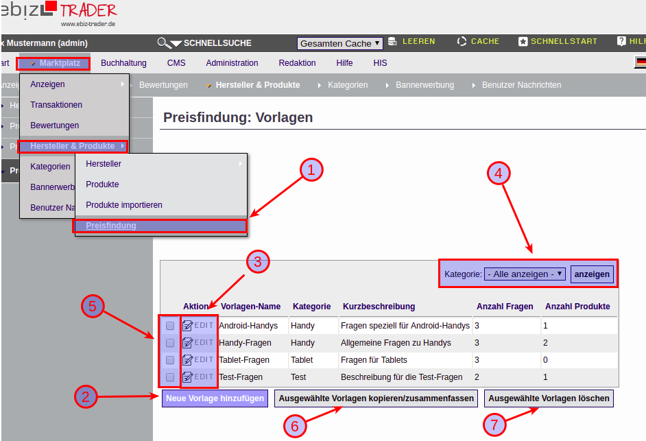 Vorlagen-Übersicht des Preisfindungs-Plugins